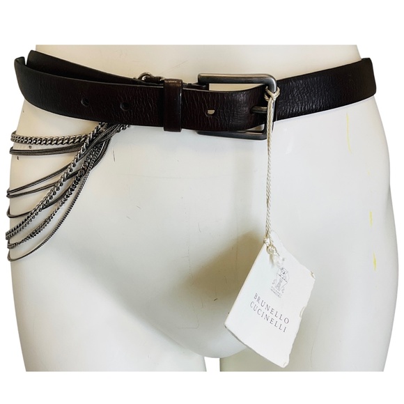 BRUNELLO CUCINELLI BROWN / SILVER MULTI CHAIN EMBELLISHED LEATHER BELT main image 8